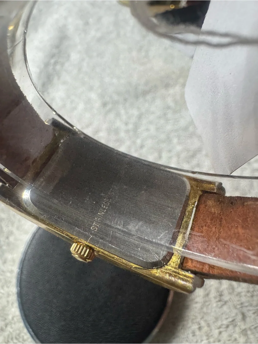 Men's Gold-Tone Rectangular Watch with Brown Leather Strap